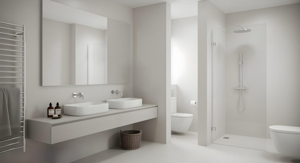 Salle de bain rénovée à Bayeux avec carrelage moderne et douche italienne